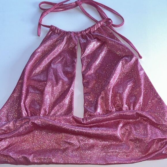 NWOT Metallic Pink Ruched Cut Halter Neck Crop Top- Double Crazy Sz M - Picture 4 of 6